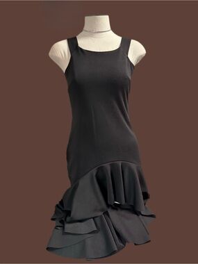 Black Midi Dress with Square Neckline and Ruffled Tiered Hem